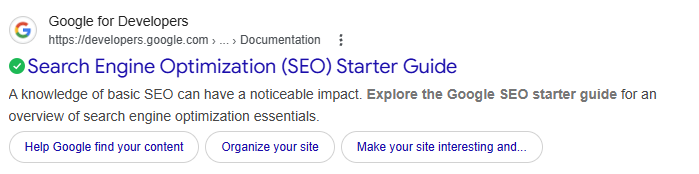 Google SEO Starter Guide webpage overview with clickable options: content help, site organisation, site interest